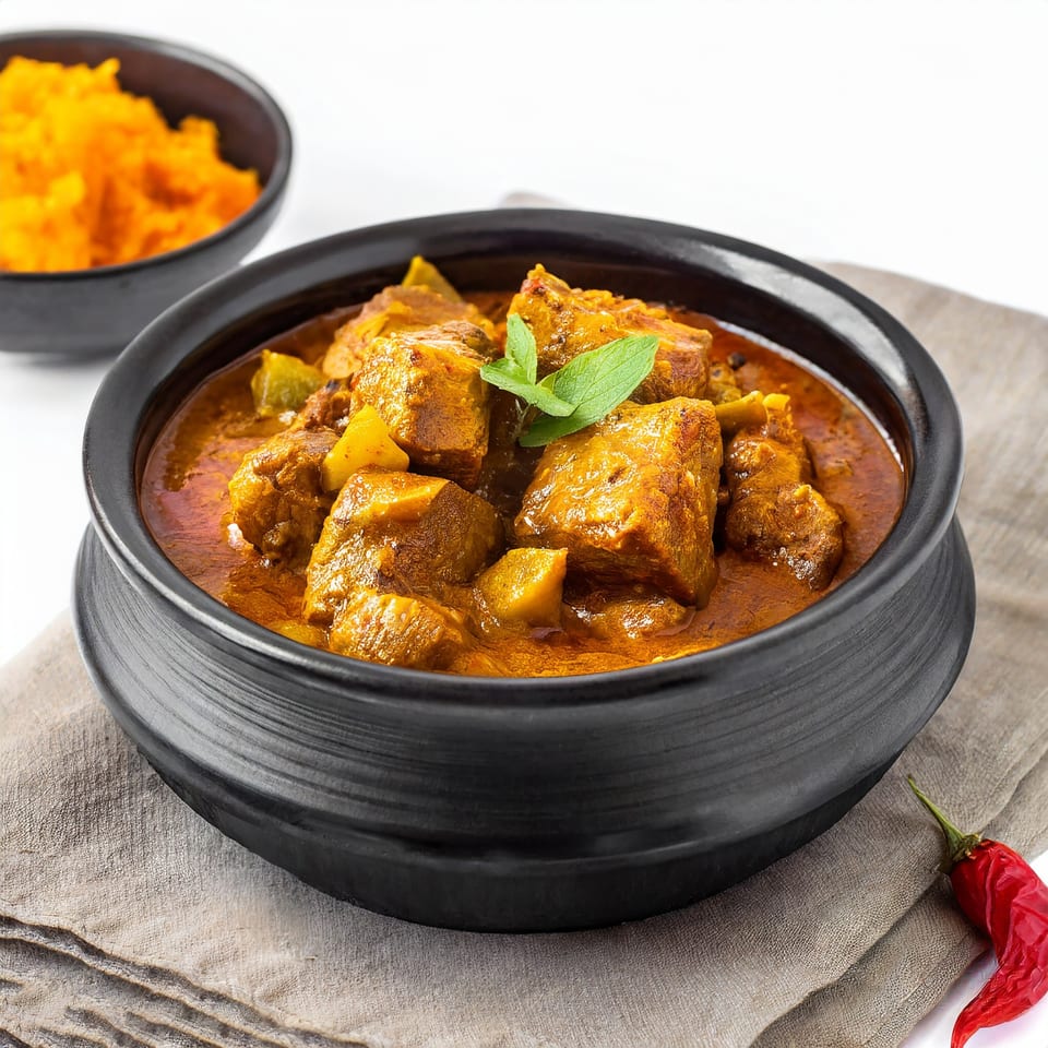 Indian curry with meat and potatoes in a black bowl, garnished with mint, with rice in background.