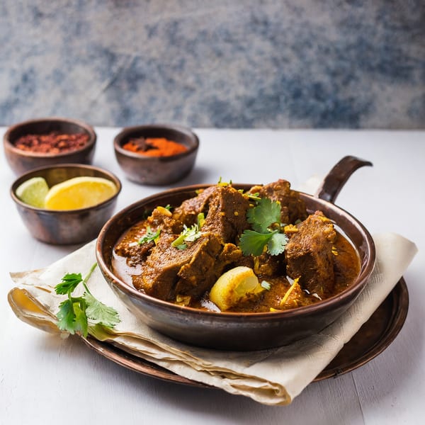 Indian beef curry in a pan with cilantro, lemon, and spices in the background.