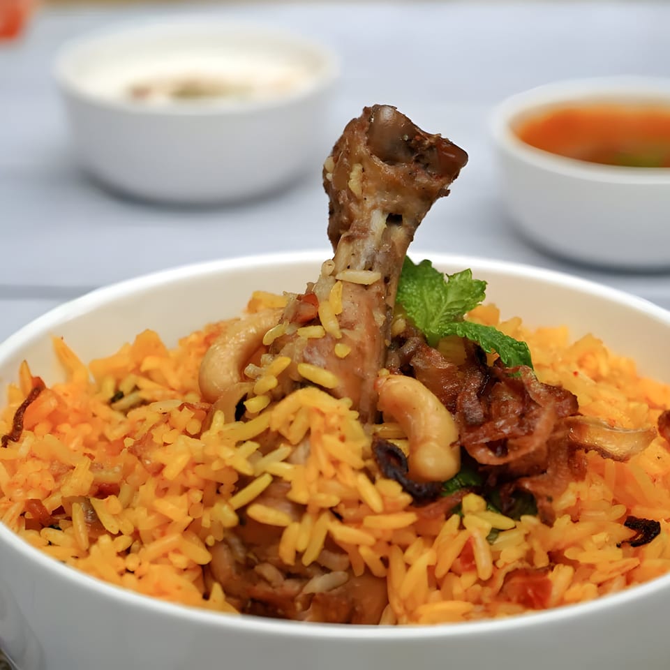 Chicken biryani with cashews, fried onions, and mint, served with two side sauces.