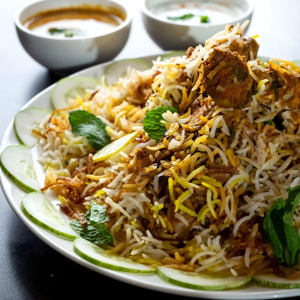 Close-up of chicken biryani with rice, mint, lemon, and cucumber slices, with two bowls of sauce.