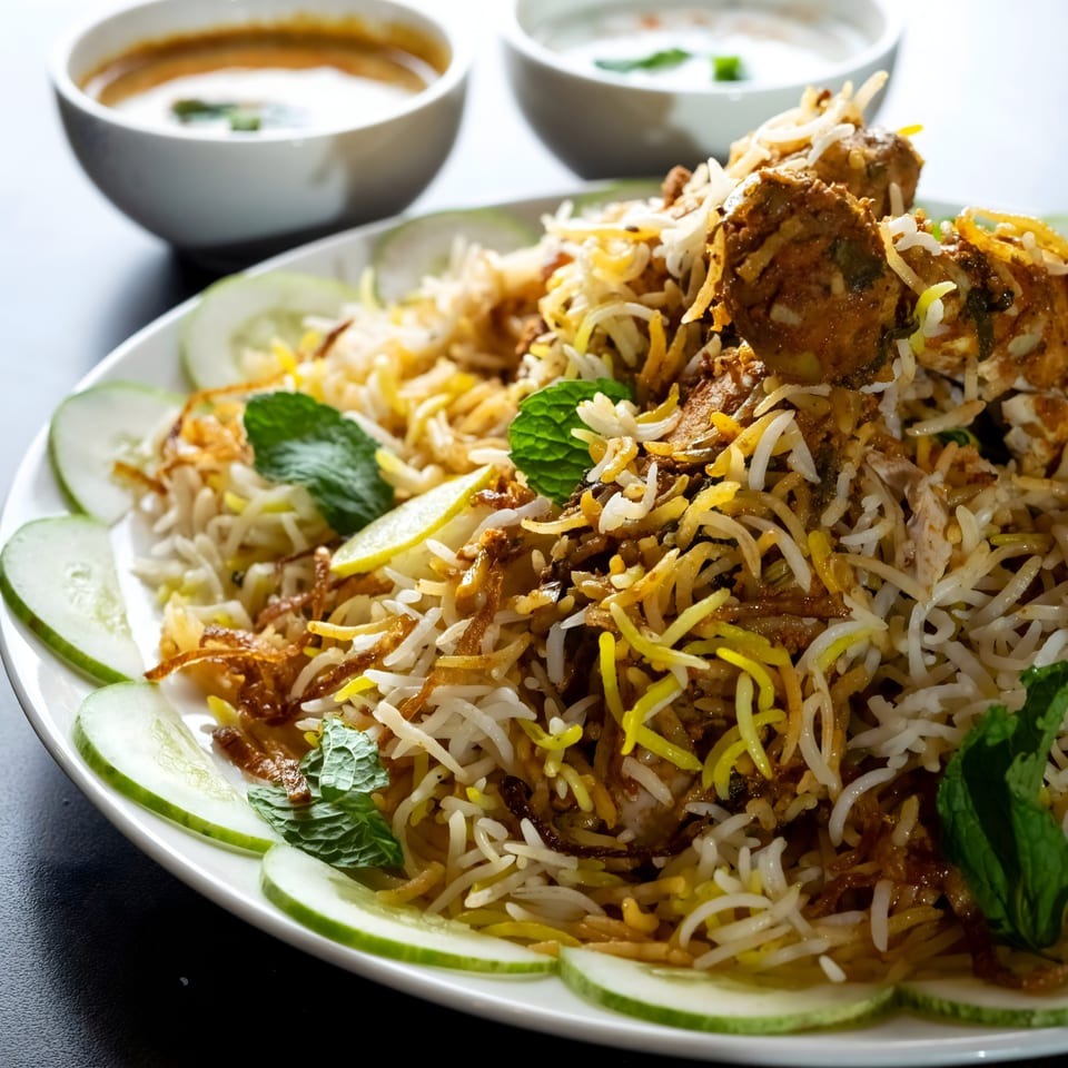 Close-up of chicken biryani with rice, mint, lemon, and cucumber slices, with two bowls of sauce.