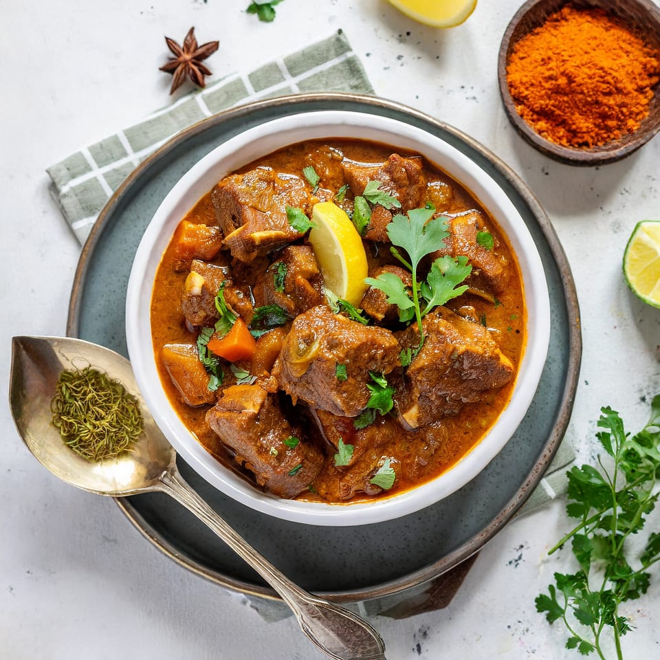 A bowl of Imperial Biryani & Cafe's Indian lamb curry, garnished with lemon and cilantro.